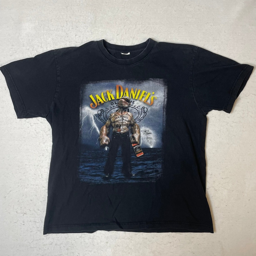 Vintage Jack‎ Daniels Old No 7 Popeye Graphic T Shirt Black Mens Size Large